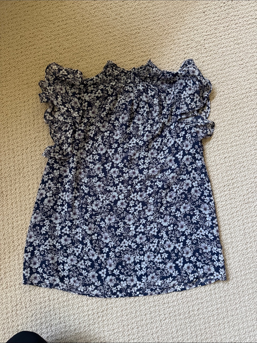 Women’s Navy Blue Floral Ruffled Neck Blouse